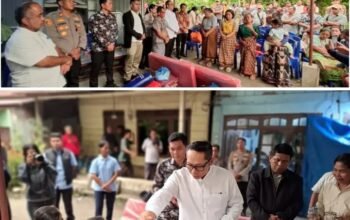 Bupati Tapanuli Utara Dr. Jonius Taripar Parsaoran Hutabarat S.Si, M.Si., menyerahkan bantuan kepada warga yang terdampak musibah kebakaran di Desa Lobupining, Kecamatan Pahae Julu, pada Minggu (15/3/2026).