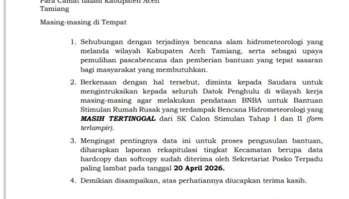 Pemkab Aceh Tamiang Percepat Pendataan Korban Bencana, Pastikan Semua Warga Terdampak Terdaftar Bantuan